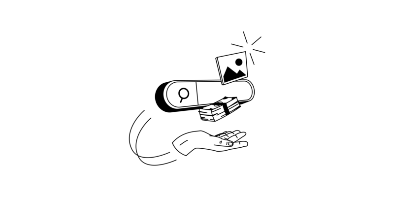 Eine Internetsuche mit einem abstrakten Bild. Eine Hand übergibt einen Stapel Geldscheine.