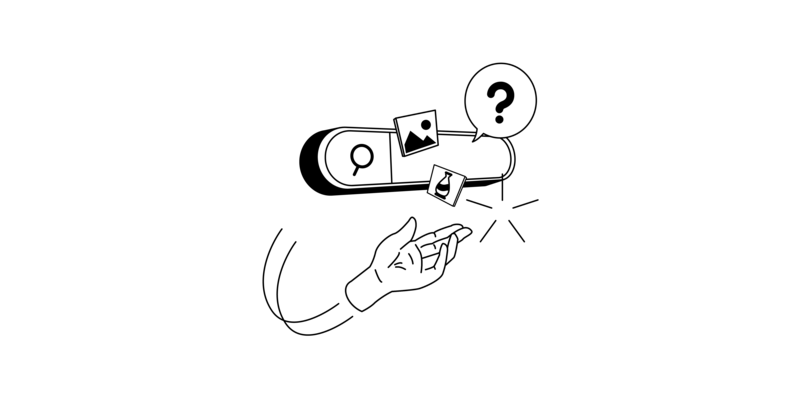 Eine Hand und eine Sprechblase mit Fragezeichen vor einer Internetsuche. Aus der Suche kommen zwei Bilder hervor und ein Stern.