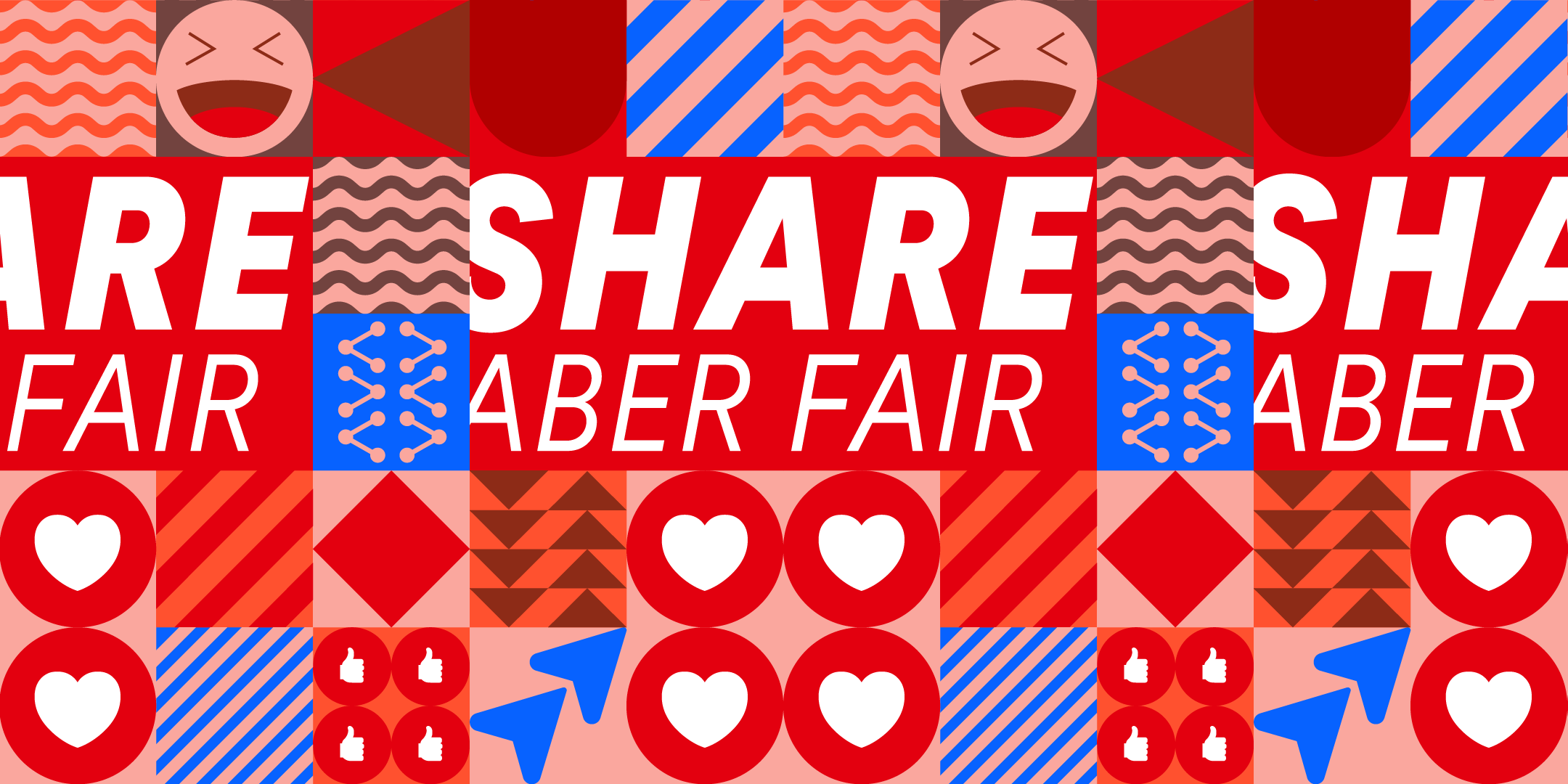 Mosaik aus verschiedenen geometrischen Formen und Symbolen (wie Herzen, Pfeile, lachendes Emoji) sowie der Text: "SHARE ABER FAIR".