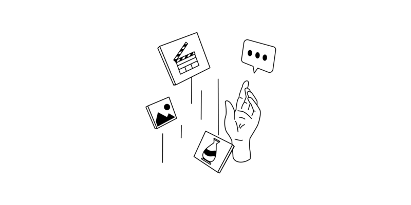 Eine Filmklappe, ein abstraktes Bild und ein Bild mit Vase. Eine erhobene Hand mit einer Sprechblase mit drei Punkten.