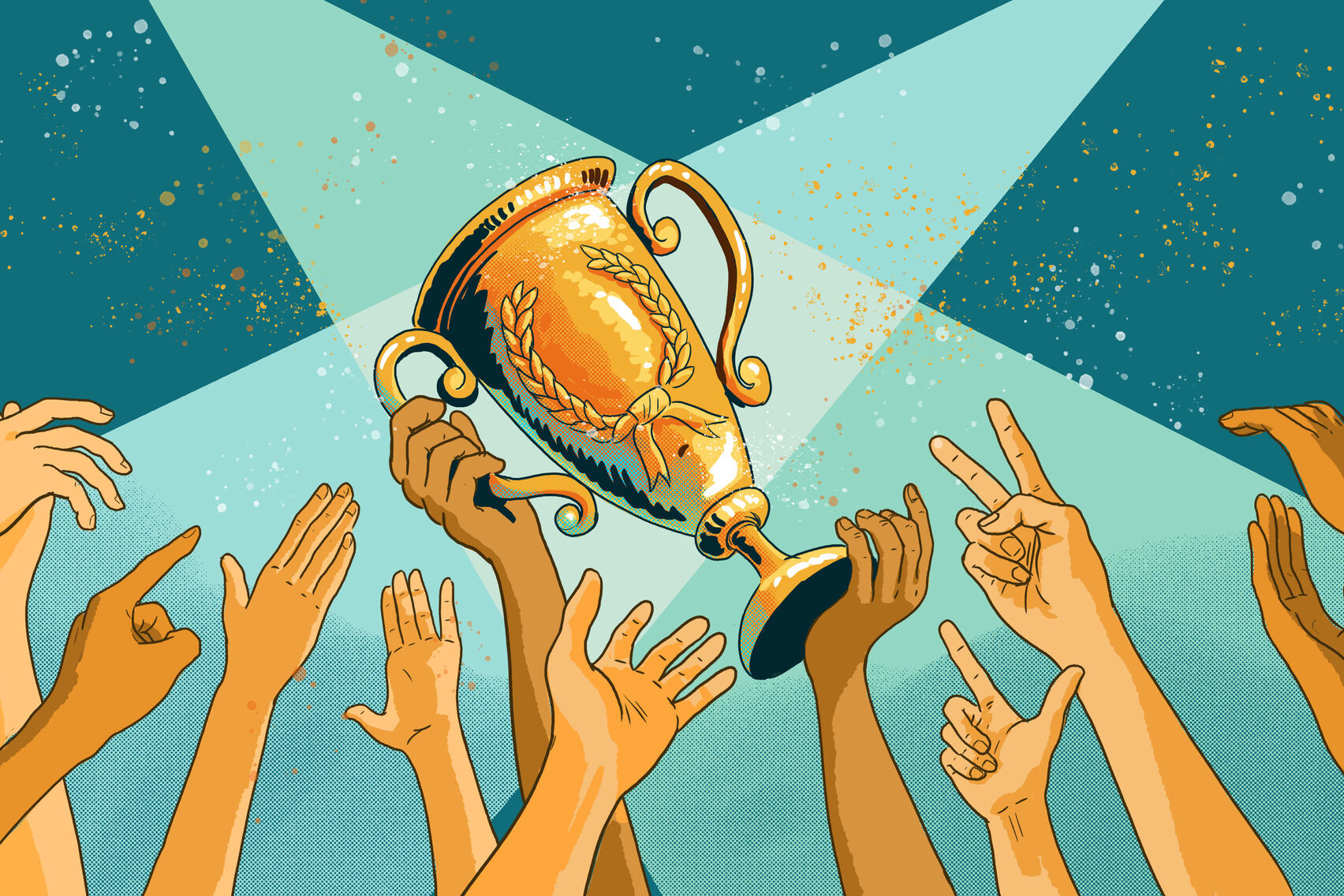 Ein goldener Ehrenpokal wird im Licht von zwei sich kreuzenden Scheinwerfern emporgehoben. Zahlreiche Händen sind freudig in die Luft gestreckt und zeigen unterschiedliche Siegeszeichen.