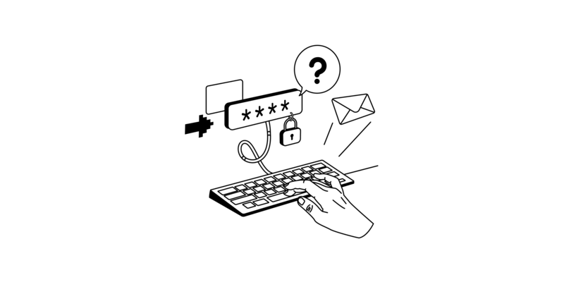 Eine Hand tippt auf einer Tastatur ein Passwort ein. Die Passworteingabe ist mit einem Schloss gesichert. Eine Sprechblase mit einem Fragezeichen. Ein Briefumschlag.