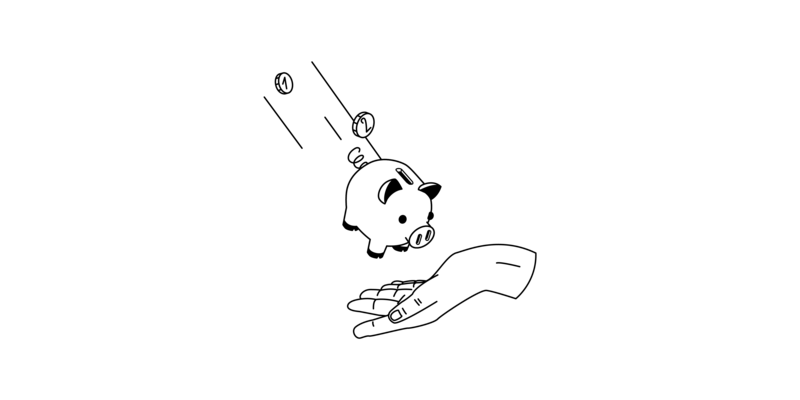 Eine Hand empfängt eine Sparschwein und ein paar Geldstücke.